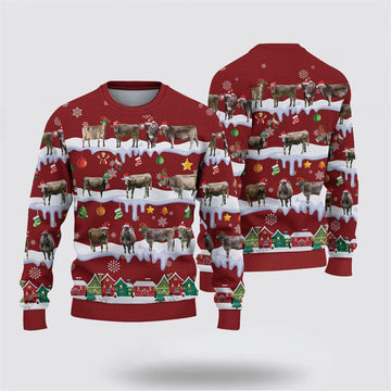 FUNSTUFFPRINT Brown Swiss Christmas Knitted Sweater, Gifts For Farmers, Rural Lovers Ugly  Sweater