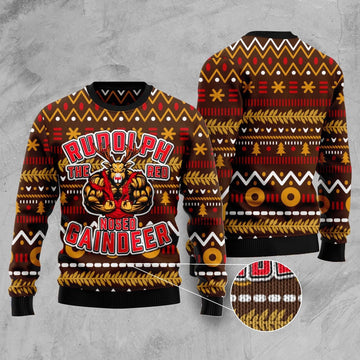 FUNSTUFFPRINT Buffed Rudolph The Red-Nosed Reindeer Ugly Christmas Sweater, Christmas Sweater, Ugly Sweater, Funny Xmas Sweaters Ugly Sweater
