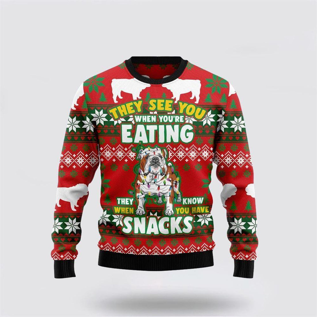 FUNSTUFFPRINT Bulldog Snacks Ugly Christmas Sweater – Pet Lover Christmas Sweater Ugly  Sweater