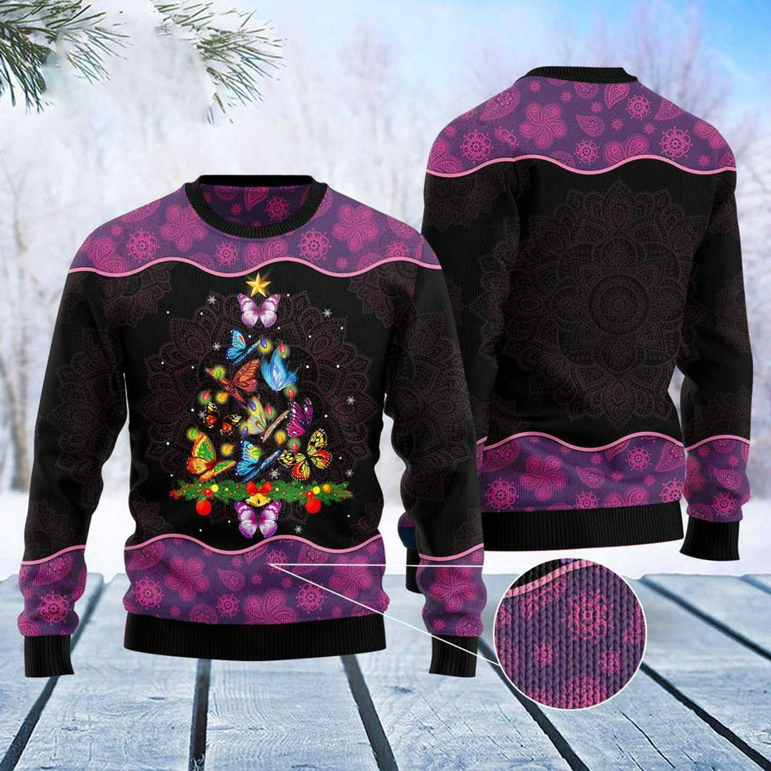 FUNSTUFFPRINT Butterfly Christmas Tree Ugly Christmas Sweater, Xmas Tree Sweater, Christmas Sweater Ugly  Sweater
