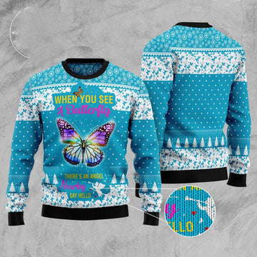 FUNSTUFFPRINT Butterfly Nearby Say Hello Ugly Christmas Sweater, Christmas Sweater, Ugly Sweater, Funny Xmas Sweaters Ugly Sweater