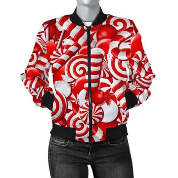 FUNSTUFFPRINT Candy Cane Print Pattern Women Casual 3D Bomber Jacket