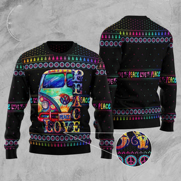 FUNSTUFFPRINT Car Hippie Peace Love Ugly Christmas Sweater, Christmas Sweater, Ugly Sweater, Funny Xmas Sweaters Ugly Sweater