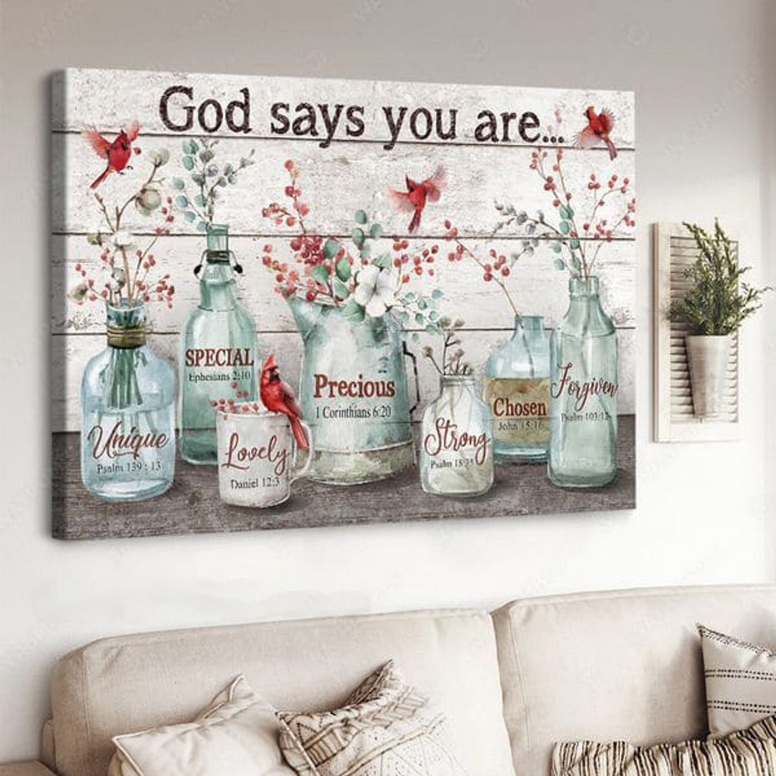 Cardinal Bird, God Says You Are Unique Special Lovely Precious Strong Chosen Forgiven Poster and Canvas