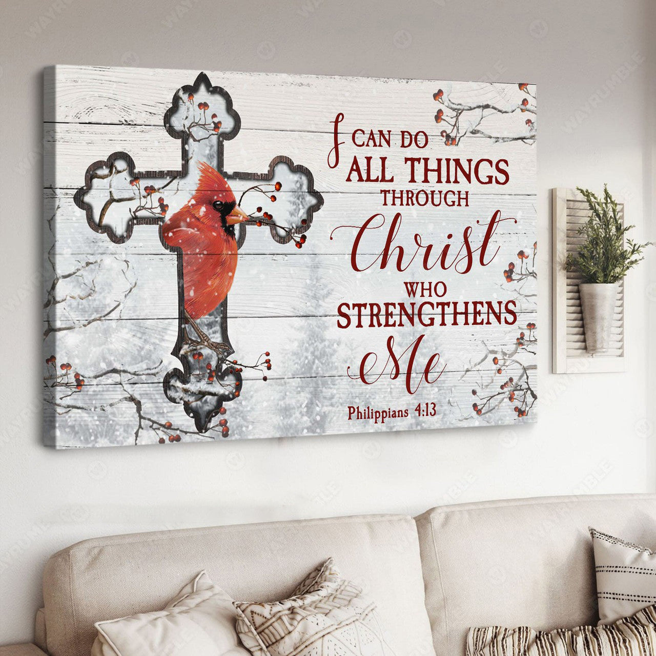 Cardinal Bird, I Can Do All Things Through Christ Who Strengthens Me Poster and Canvas