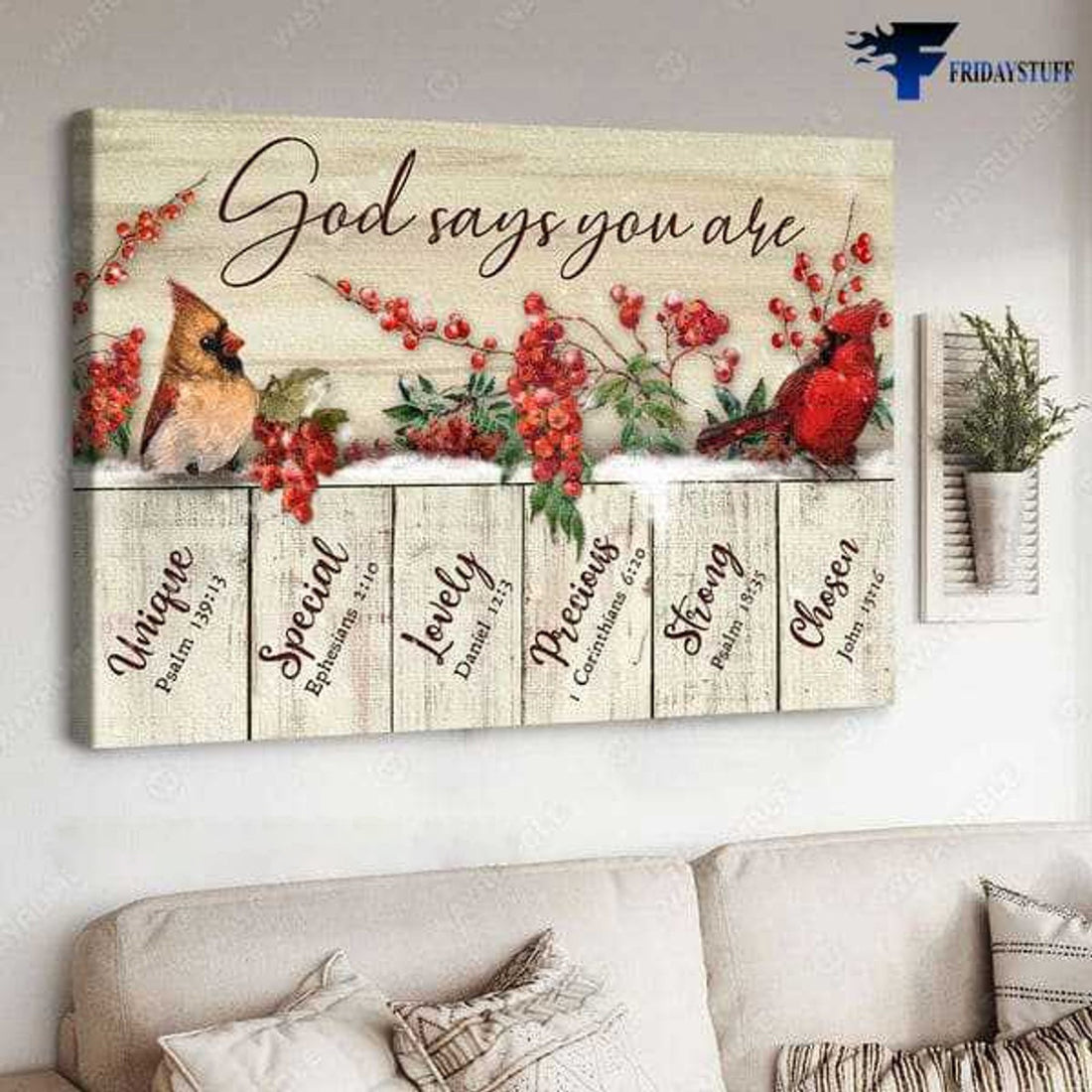 Cardinal Bird Poster, God Says You Are, Unique, Special, Lovely, Strong, Precious, Chosen Poster and Canvas