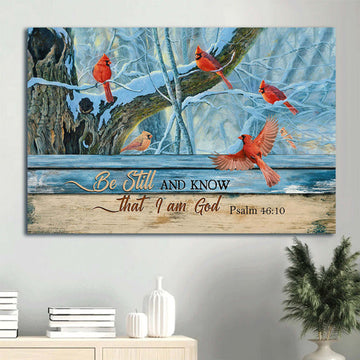 Cardinal Drawing Blue Light Winter Be Still And Know That I Am God Canvas Wall Art - Christian Wall Decor