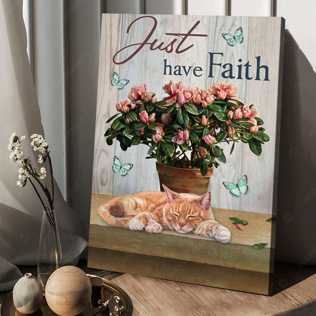 Cat Lover, Just Have Faith, Butterfly Flower, Poster Decor Poster and Canvas