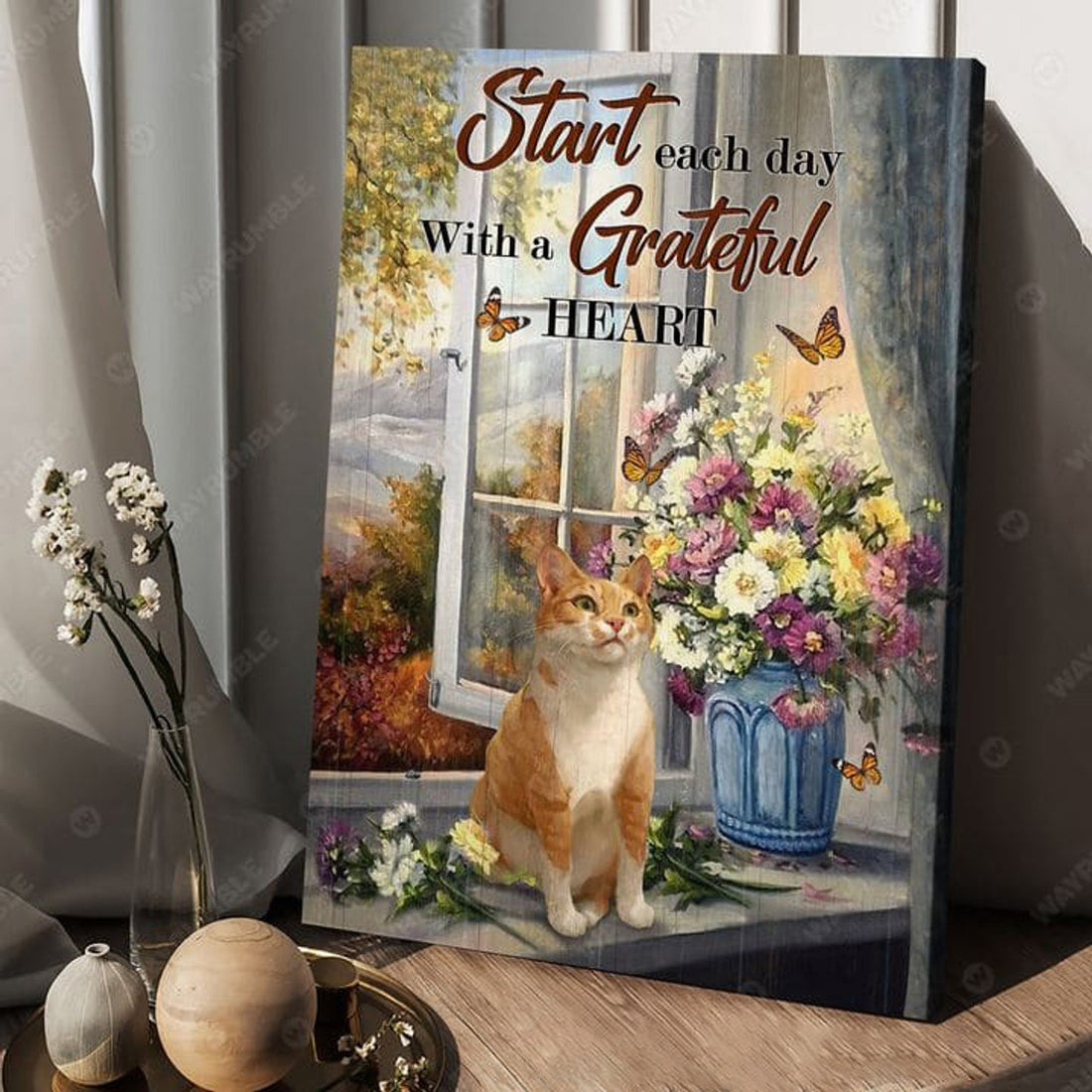 Cat Lover, Start Each Day With A Grateful Heart, Window Decor Poster and Canvas