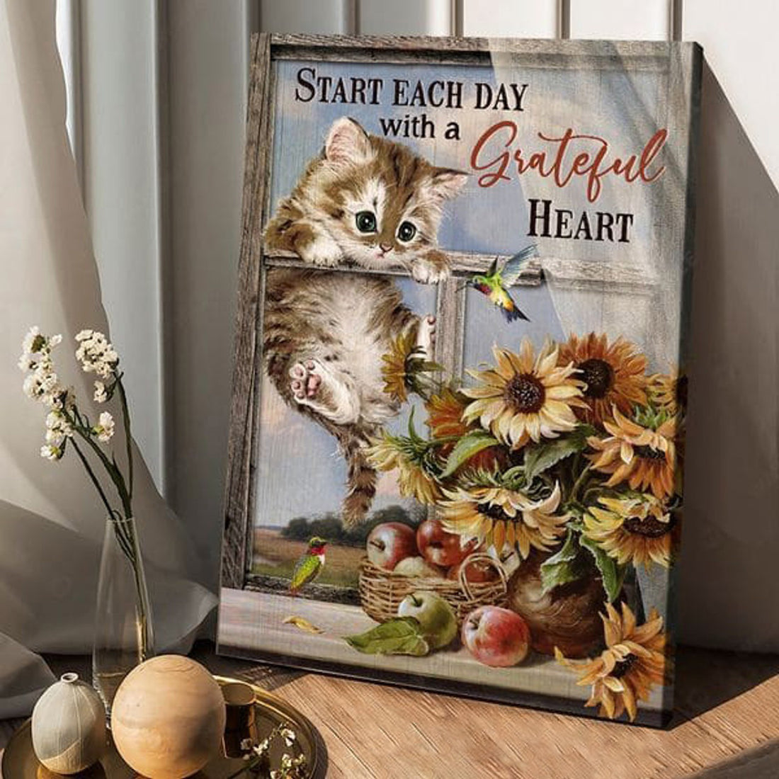 Cat Lover, Sunflower Lover, Start Each Day With A Grateful Heart Poster and Canvas