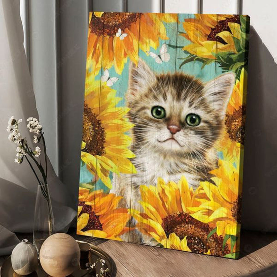 Cat Poster, Sunflower And Cat, Wall Art Decor Poster and Canvas