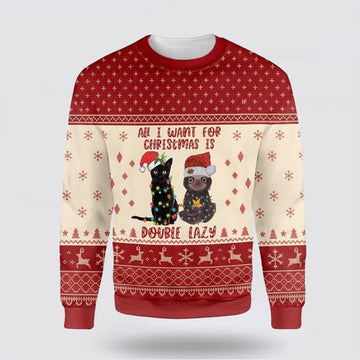 FUNSTUFFPRINT Cat All I Want For Christmas Is Double Lazy Cat And Sloth Ugly Christmas Sweater For Men And Women, Best Gift For Christmas, Christmas Fashion Winter Ugly Sweater