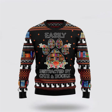 FUNSTUFFPRINT Cat And Books Ugly Christmas Sweater For Men And Women, Best Gift For Christmas, Christmas Fashion Winter Ugly Sweater