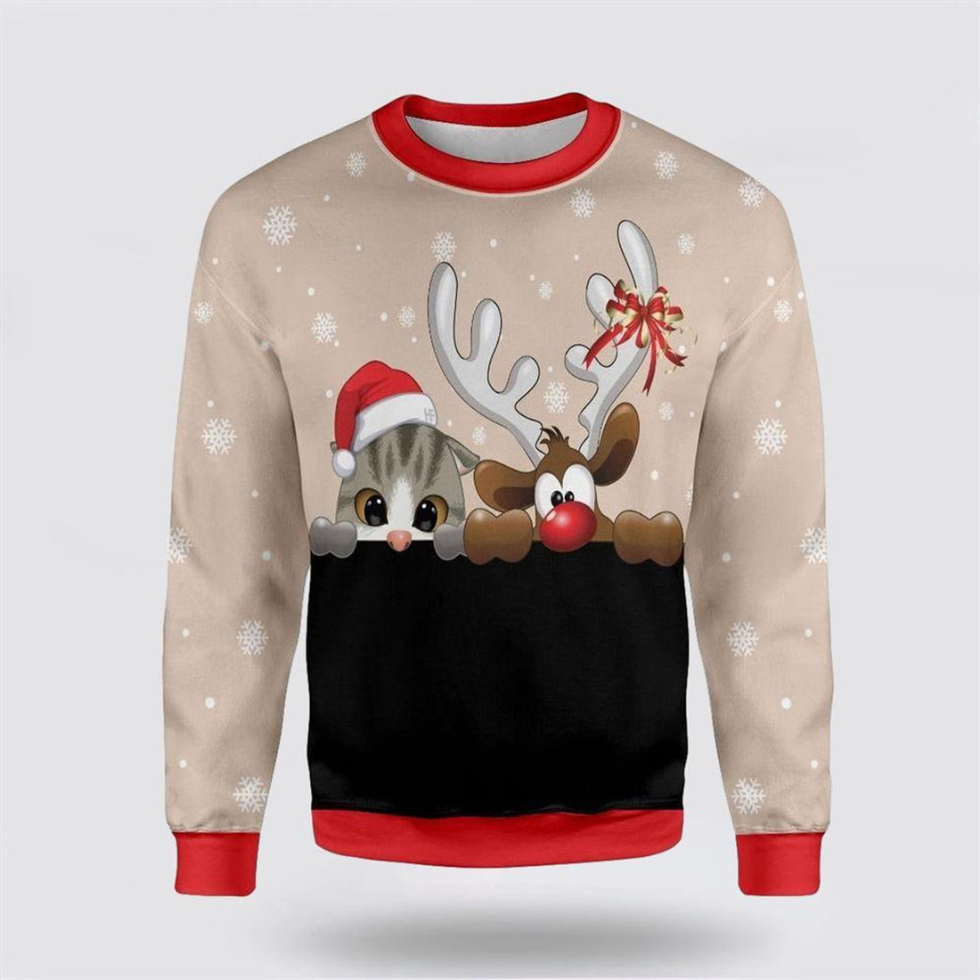 FUNSTUFFPRINT Cat And Reindeer Ugly Christmas Sweater – Cat Lover Christmas Sweater Ugly  Sweater