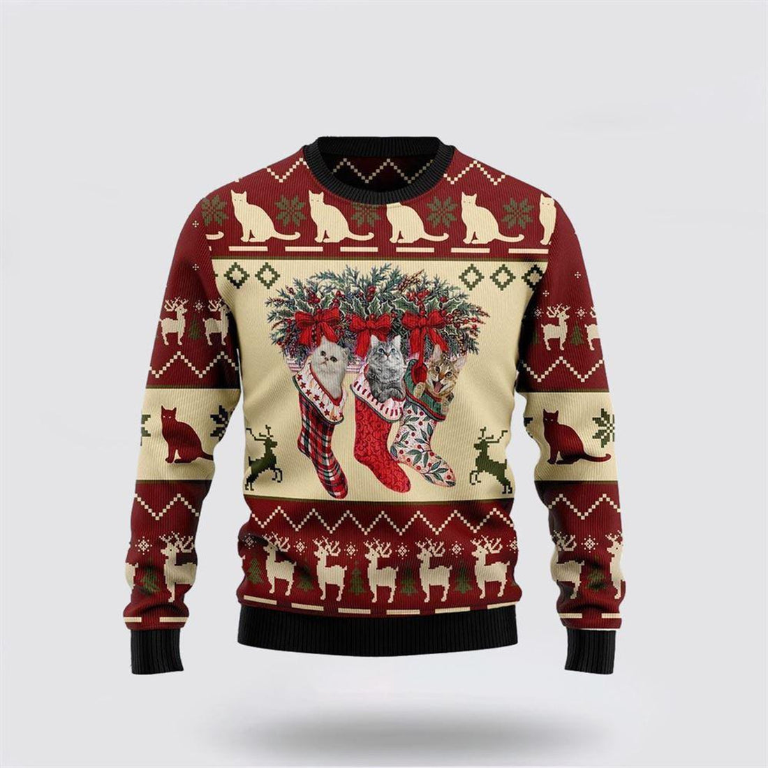 FUNSTUFFPRINT Cat And Sock Xmas Ugly Christmas Sweater – Cat Lover Christmas Sweater Ugly  Sweater