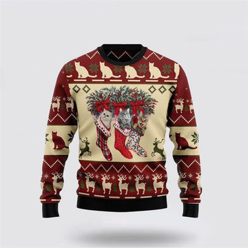 FUNSTUFFPRINT Cat And Sock Xmas Ugly Christmas Sweater For Men And Women, Best Gift For Christmas, Christmas Fashion Winter Ugly Sweater