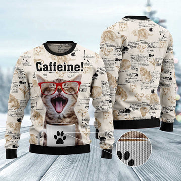 FUNSTUFFPRINT Cat Caffeine Ugly Christmas Sweater, Christmas Cat Ugly Sweater, Ugly Cat Xmas Sweater Ugly Sweater