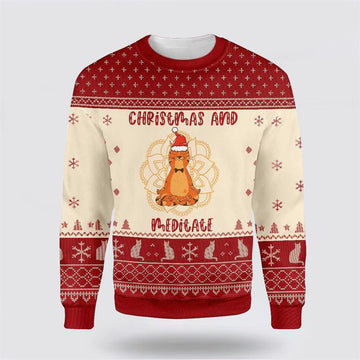 FUNSTUFFPRINT Cat Christmas And Meditate Ugly Christmas Sweater – Cat Lover Christmas Sweater Ugly  Sweater