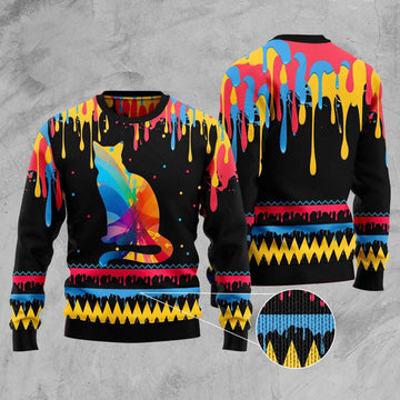 FUNSTUFFPRINT Cat Colorful Beauty Ugly Christmas Sweater, Christmas Cat Ugly Sweater, Ugly Cat Xmas Sweater Ugly Sweater