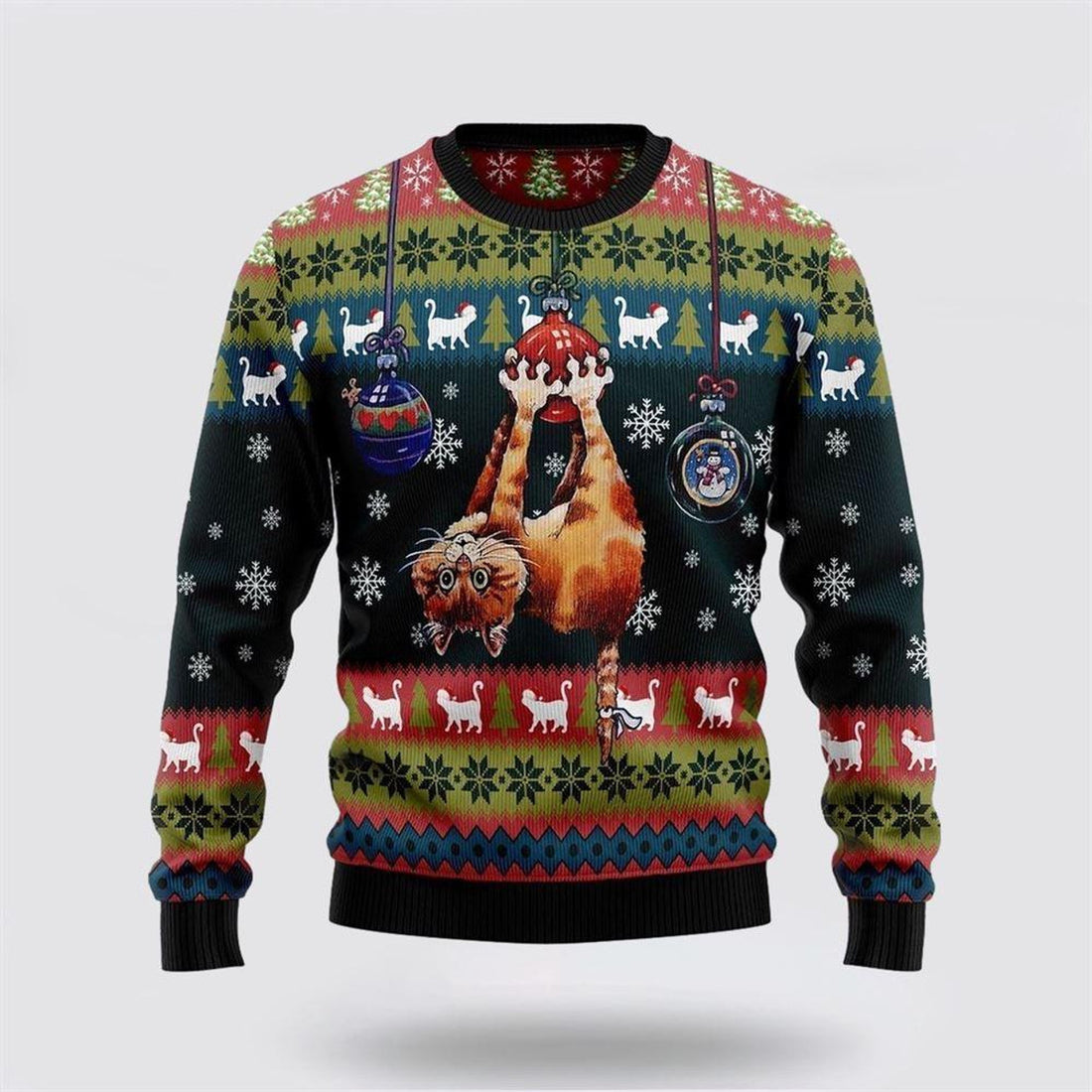 FUNSTUFFPRINT Cat Hanging On Xmas Tree Ugly Christmas Sweater – Cat Lover Christmas Sweater Ugly  Sweater
