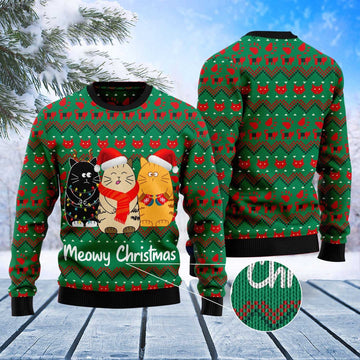FUNSTUFFPRINT Cat Meowy Christmas Ugly Christmas Sweater, Christmas Cat Ugly Sweater, Ugly Cat Xmas Sweater Ugly Sweater