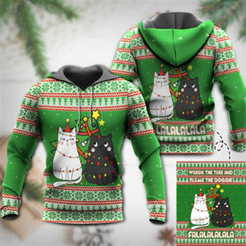 FUNSTUFFPRINT 3D Cat Wreck The Tree Meowy Christmas All Over 3D Hoodie and Zip Hoodie