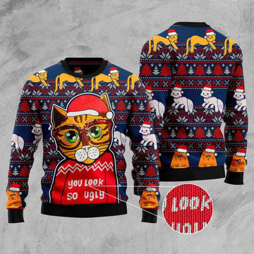 FUNSTUFFPRINT Cat You Look So Ugly Ugly Christmas Sweater, Christmas Cat Ugly Sweater, Ugly Cat Xmas Sweater Ugly Sweater