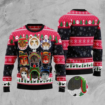 FUNSTUFFPRINT Cats In Winter Ugly Christmas Sweater, Christmas Cat Ugly Sweater, Ugly Cat Xmas Sweater Ugly Sweater