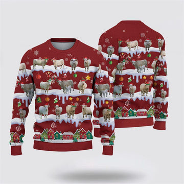 FUNSTUFFPRINT Charolais Christmas Knitted Sweater, Gifts For Farmers, Rural Lovers Ugly  Sweater