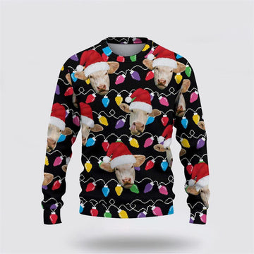 FUNSTUFFPRINT Charolais Christmas Ugly Sweater, Gifts For Farmers, Rural Lovers Ugly Sweater