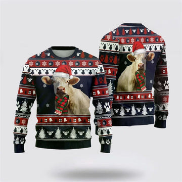 FUNSTUFFPRINT Charolais Cow Ugly Christmas Sweater, Farm Sweater, Christmas Gift, Best Winter Outfit Christmas Ugly Sweater