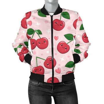 FUNSTUFFPRINT Cherry Print Pattern Women Casual 3D Bomber Jacket