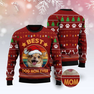 FUNSTUFFPRINT Chihuahua Best Dog Mom Ever Ugly Christmas Sweater, Dog Ugly Christmas Sweater, Ugly Dog Sweaters Ugly  Sweater