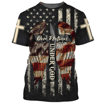 FUNSTUFFPRINT Christ Cross Wings One Nation Under God American Flag 3D All Over Printed Shirt for Men and Women 3D T-shirt