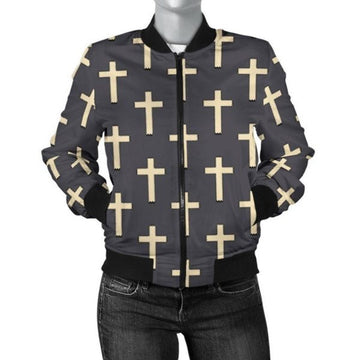 FUNSTUFFPRINT Christian Cross Pattern Print Women Casual 3D Bomber Jacket