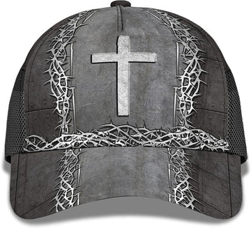 FUNSTUFFPRINT Christian Cross With Crown Of Thorn All Over Print Baseball Cap - Christian Hats For Men Women