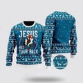 FUNSTUFFPRINT Christian Sweater, Funny Jesus Has Your Back Jiu Jitsu Ugly Christmas Sweater, Jesus Christmas Sweater, Jesus Saves Shirt Ugly  Sweater