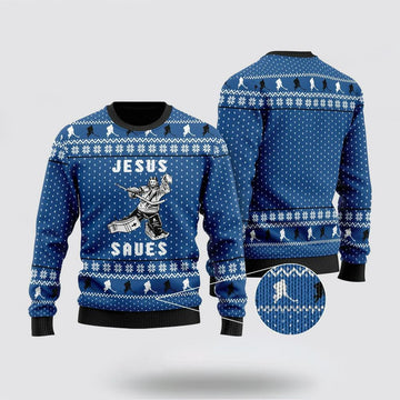 FUNSTUFFPRINT Christian Sweater, Hockey Jesus Saves Christmas Ugly Christmas Sweater, Jesus Christmas Sweater, Jesus Saves Shirt Ugly  Sweater