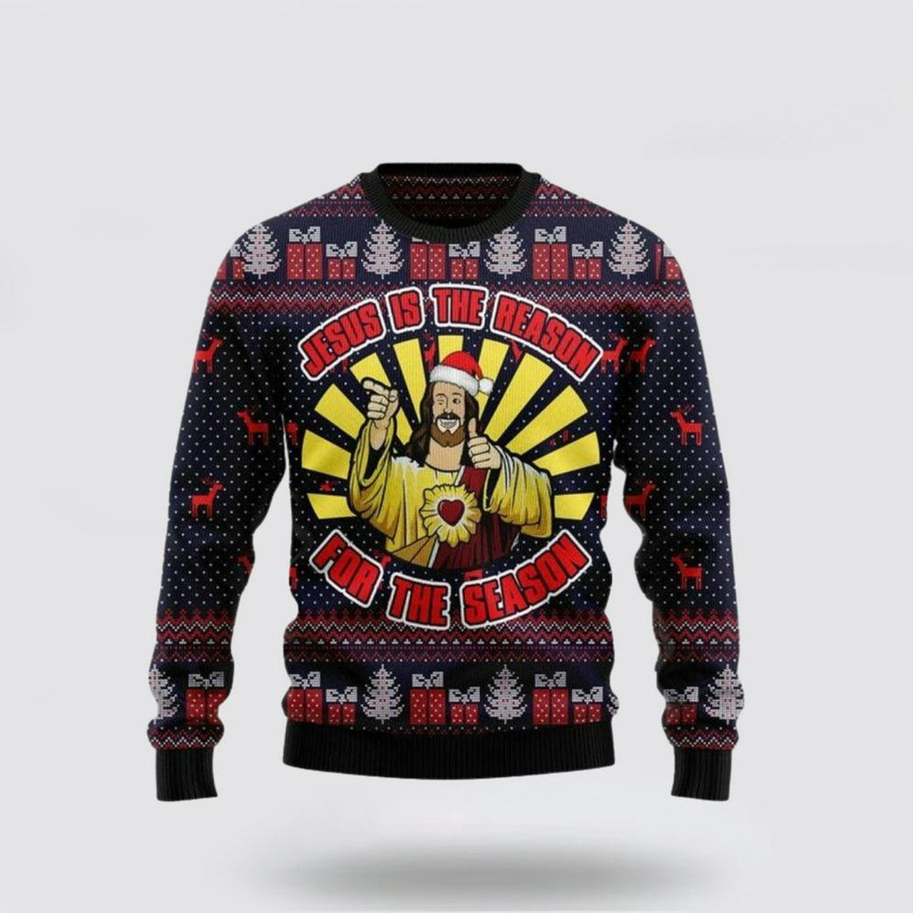 FUNSTUFFPRINT Christian Sweater, Jesus Is The Reason For The Season Ugly Christmas Sweater, Jesus Christmas Sweater, Jesus Loves You Shirt Ugly  Sweater