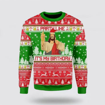 FUNSTUFFPRINT Christian Sweater, My Birthday Jesus Ugly Christmas Sweater, Jesus Christmas Sweater, Jesus Saves Shirt Ugly  Sweater