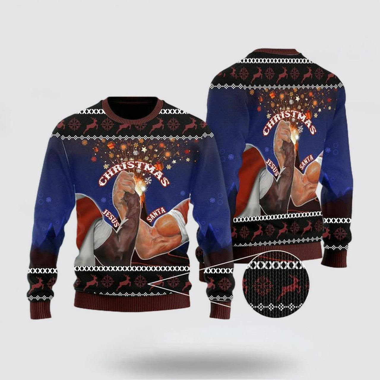 FUNSTUFFPRINT Christian Sweater, Santa And Jesus Christmas Ugly Christmas Sweater, Jesus Christmas Sweater, Jesus Saves Shirt Ugly  Sweater