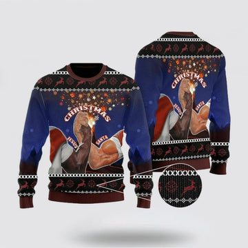 FUNSTUFFPRINT Christian Sweater, Santa And Jesus Christmas Ugly Christmas Sweater, Jesus Christmas Sweater, Jesus Saves Shirt Ugly  Sweater
