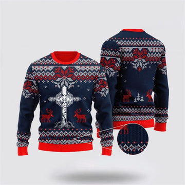 FUNSTUFFPRINT Christian Ugly Christmas Sweater, Dark Blue Christian Cross Reindeer Ugly Christmas Sweater, Religious Christmas Sweaters Ugly Sweater