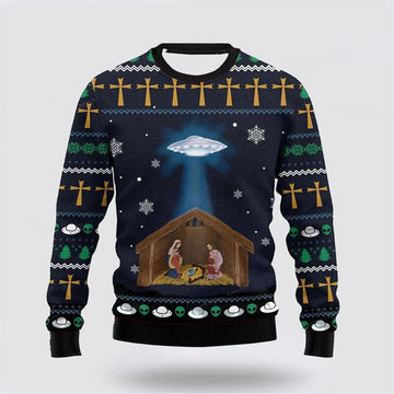 FUNSTUFFPRINT Christian Ugly Christmas Sweater, Fun Spaceship Jesus Print Ugly Christmas Sweater, Religious Christmas Sweaters Ugly Sweater