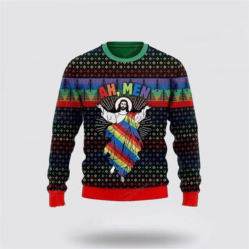 FUNSTUFFPRINT Christian Ugly Christmas Sweater, Jesus Ah Men Lgbtq Ugly Christmas Sweater, Religious Christmas Sweaters Ugly Sweater