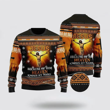 FUNSTUFFPRINT Christian Ugly Christmas Sweater, Jesus Because Of Him Heaven Knows My Name Ugly Christmas Sweater, Religious Christmas Sweaters Ugly Sweater