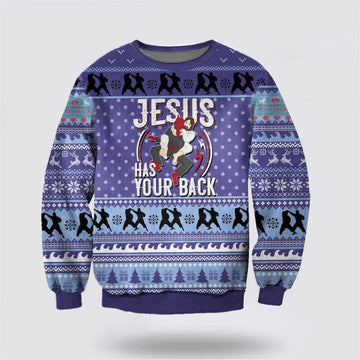 FUNSTUFFPRINT Christian Ugly Christmas Sweater, Jesus Has Your Back Ugly Christmas Sweater, Religious Christmas Sweaters Ugly Sweater