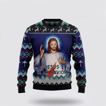 FUNSTUFFPRINT Christian Ugly Christmas Sweater, Jesus Is My Savior Womens Ugly Christmas Sweater, Religious Christmas Sweaters Ugly Sweater