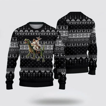 FUNSTUFFPRINT Christian Ugly Christmas Sweater, Jesus Riding A Dinosaur Picture Ugly Christmas Sweater, Religious Christmas Sweaters Ugly Sweater