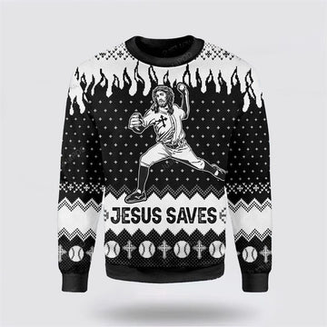 FUNSTUFFPRINT Christian Ugly Christmas Sweater, Jesus Saves Baseball Ugly Christmas Sweater, Religious Christmas Sweaters Ugly Sweater